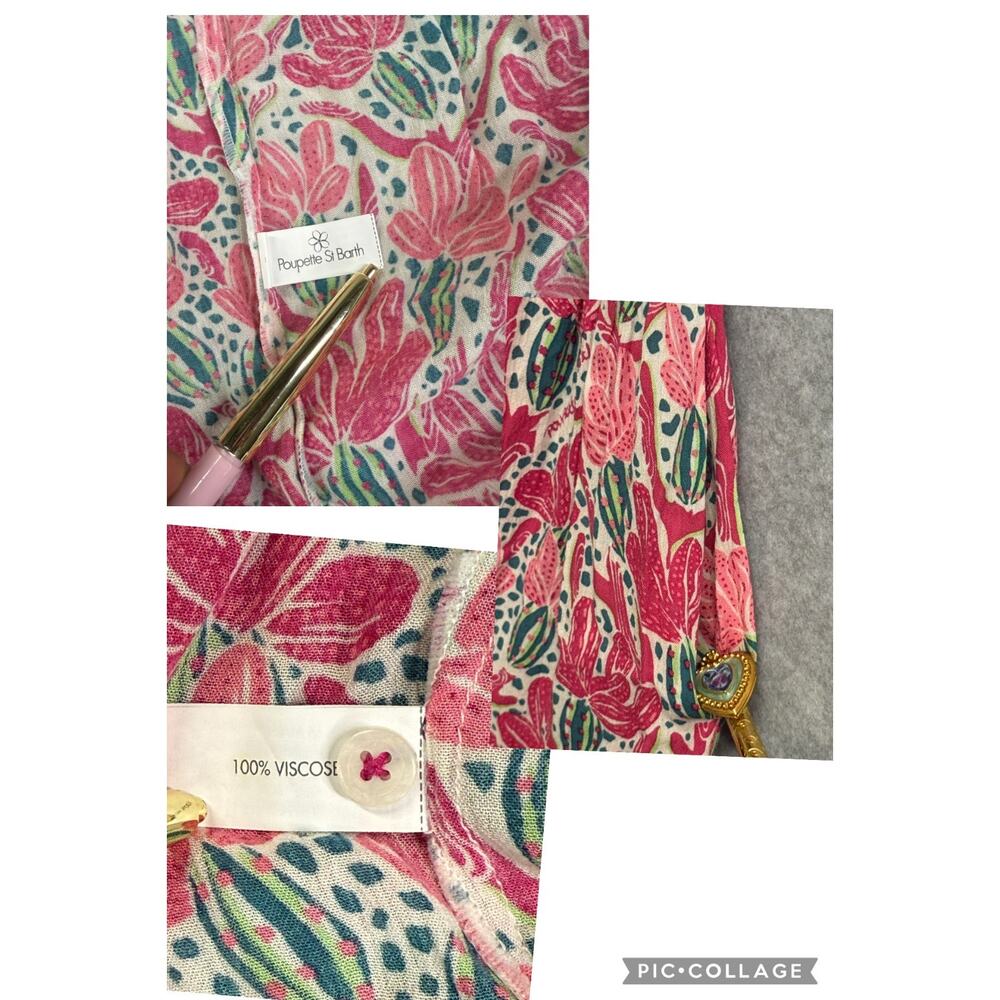 Poupette St Barth Becky Pink Kaktus Print Button Front Short Sleeve Maxi Dress - Picture 13 of 14